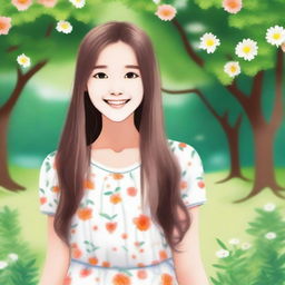 Create an image of a young girl with a friendly smile, standing in a park with trees and flowers around her