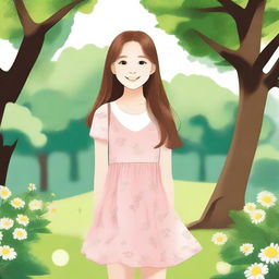 Create an image of a young girl with a friendly smile, standing in a park with trees and flowers around her