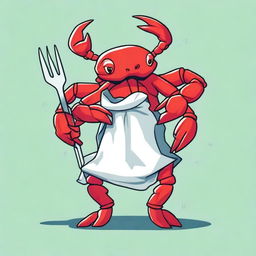 A detailed illustration of a young red crab wearing a plastic bag as a scarf and holding a fork as a weapon