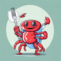 A detailed illustration of a young red crab wearing a plastic bag as a scarf and holding a fork as a weapon