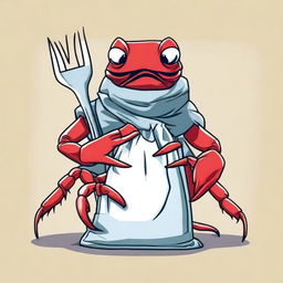 A detailed illustration of a young red crab wearing a plastic bag as a scarf and holding a fork as a weapon