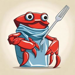 A detailed illustration of a young red crab wearing a plastic bag as a scarf and holding a fork as a weapon