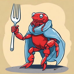 A detailed illustration of a young red crab wearing a plastic bag as a scarf and holding a fork as a weapon