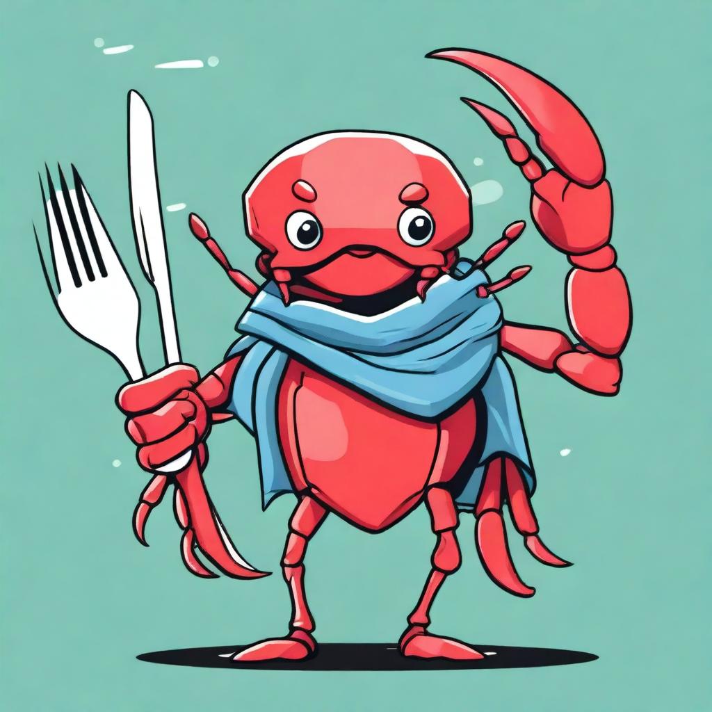 A detailed illustration of a young red crab wearing a plastic bag as a scarf and holding a fork as a weapon