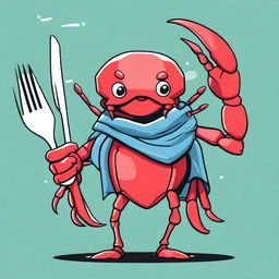 A detailed illustration of a young red crab wearing a plastic bag as a scarf and holding a fork as a weapon