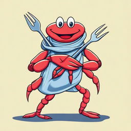 A detailed illustration of a young red crab wearing a plastic bag as a scarf and holding a fork as a weapon