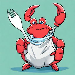 A detailed illustration of a young red crab wearing a plastic bag as a scarf and holding a fork as a weapon