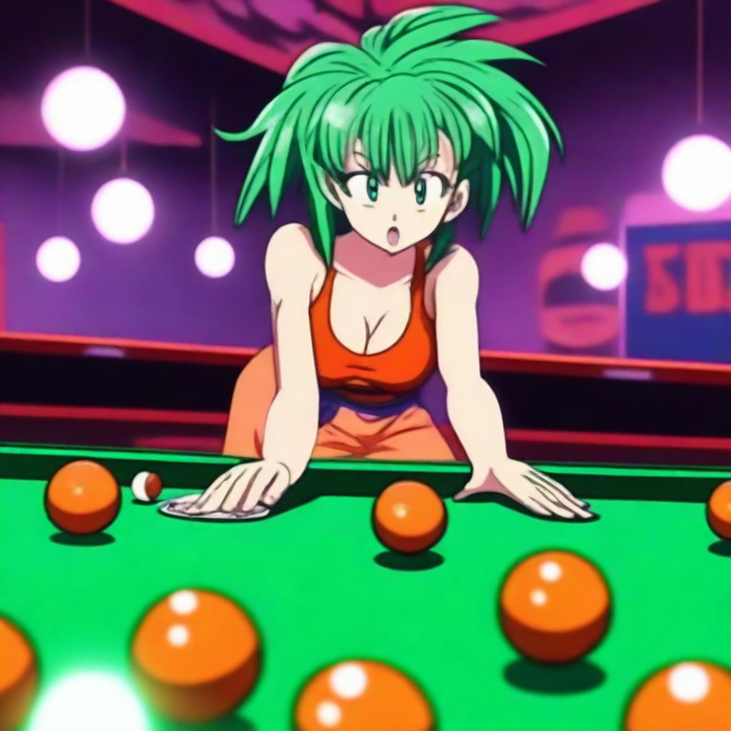 A sexy woman playing billiards with Dragon Ball-themed balls