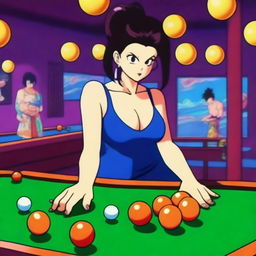 A sexy woman playing billiards with Dragon Ball-themed balls