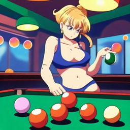 A sexy woman playing billiards with Dragon Ball-themed balls