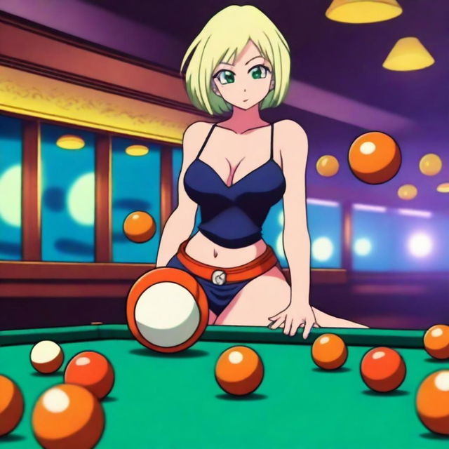 A sexy woman playing billiards with Dragon Ball-themed balls