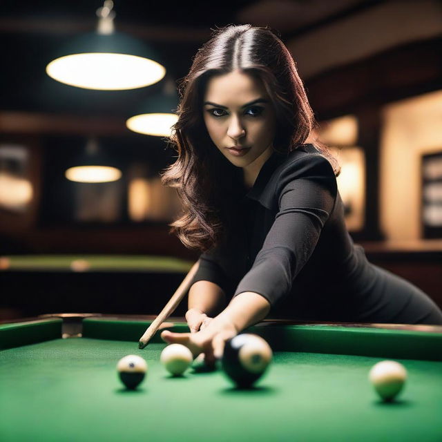 A sexy woman playing billiards with an 8-ball