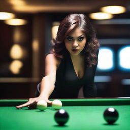 A sexy woman playing billiards with an 8-ball