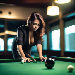 A sexy woman playing billiards with an 8-ball