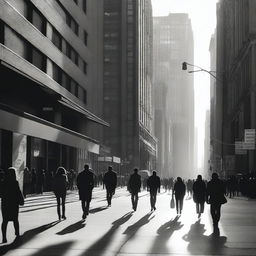 A black and white realistic photograph of an urban zone with human shapes dispersed throughout