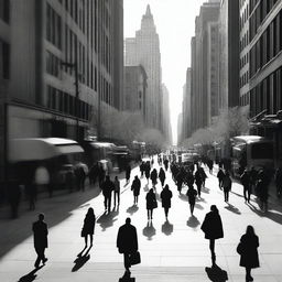 A black and white realistic photograph of an urban zone with human shapes dispersed throughout