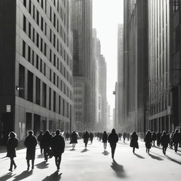 A black and white realistic photograph of an urban zone with human shapes dispersed throughout