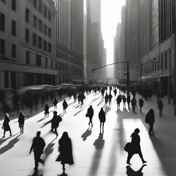 A black and white realistic photograph of an urban zone with human shapes dispersed throughout