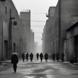 A black and white realistic photograph of an urban industrial zone with human shapes dispersed throughout