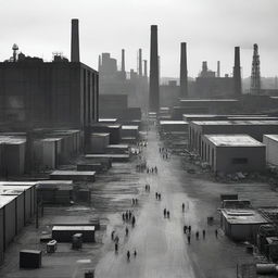 A black and white realistic photograph of an urban industrial zone with human shapes dispersed throughout