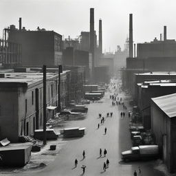 A black and white realistic photograph of an urban industrial zone with human shapes dispersed throughout