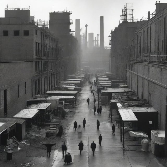 A black and white realistic photograph of an urban industrial zone with human shapes dispersed throughout