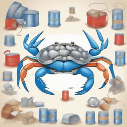 An imaginative illustration of a middle-aged blue crab constantly changing shells made from various discarded items like tin cans, plastic cups, and other debris