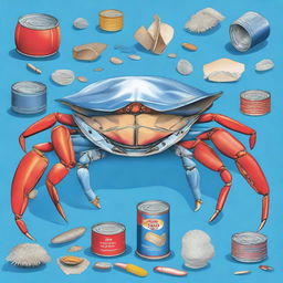 An imaginative illustration of a middle-aged blue crab constantly changing shells made from various discarded items like tin cans, plastic cups, and other debris