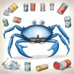 An imaginative illustration of a middle-aged blue crab constantly changing shells made from various discarded items like tin cans, plastic cups, and other debris