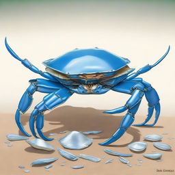 An imaginative illustration of a middle-aged blue crab constantly changing shells made from various discarded items like tin cans, plastic cups, and other debris