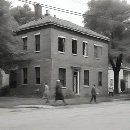 A black and white realistic photograph of an old suburban building with human shapes dispersed throughout