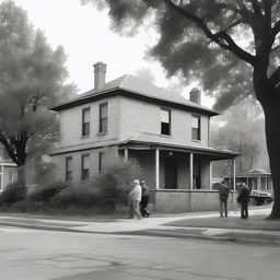 A black and white realistic photograph of an old suburban building with human shapes dispersed throughout