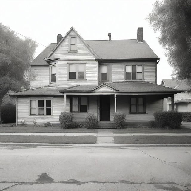 A black and white realistic photograph of an old suburban building with human shapes dispersed throughout