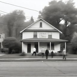 A black and white realistic photograph of an old suburban building with human shapes dispersed throughout