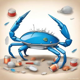 An imaginative illustration of a blue crab constantly changing shells made from various discarded items like tin cans, plastic cups, and other debris