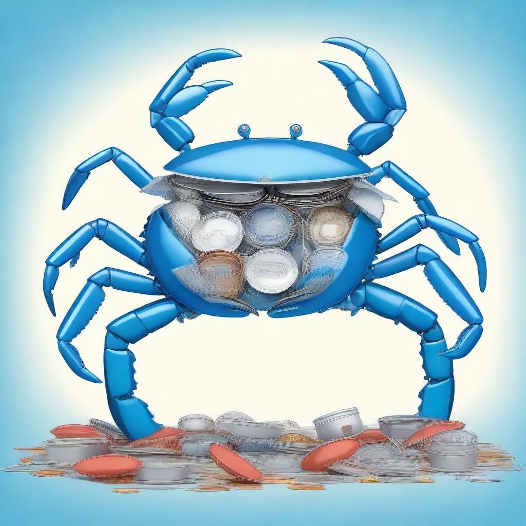 An imaginative illustration of a blue crab constantly changing shells made from various discarded items like tin cans, plastic cups, and other debris