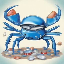 An imaginative illustration of a blue crab constantly changing shells made from various discarded items like tin cans, plastic cups, and other debris