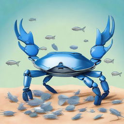 An imaginative illustration of a blue crab constantly changing shells made from various discarded items like tin cans, plastic cups, and other debris