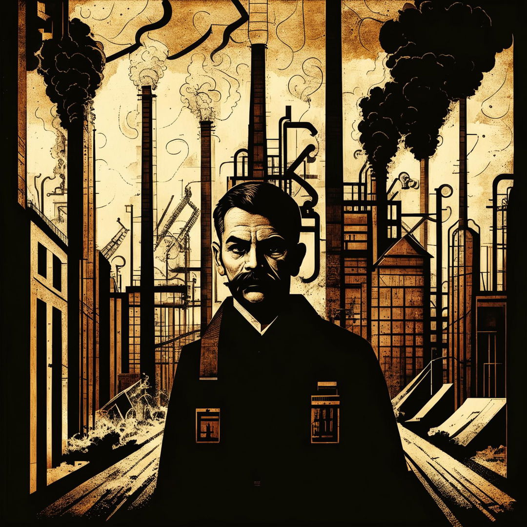 A dark vintage abstract illustration depicting Romanian communism, featuring symbolic elements like the hammer and sickle, industrial factories, and workers, set against a gritty and distressed background