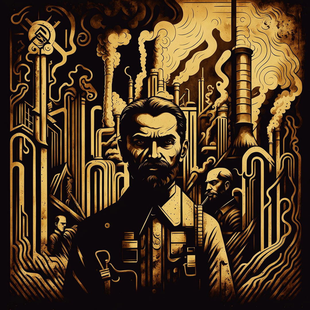 A dark vintage abstract illustration depicting Romanian communism, featuring symbolic elements like the hammer and sickle, industrial factories, and workers, set against a gritty and distressed background