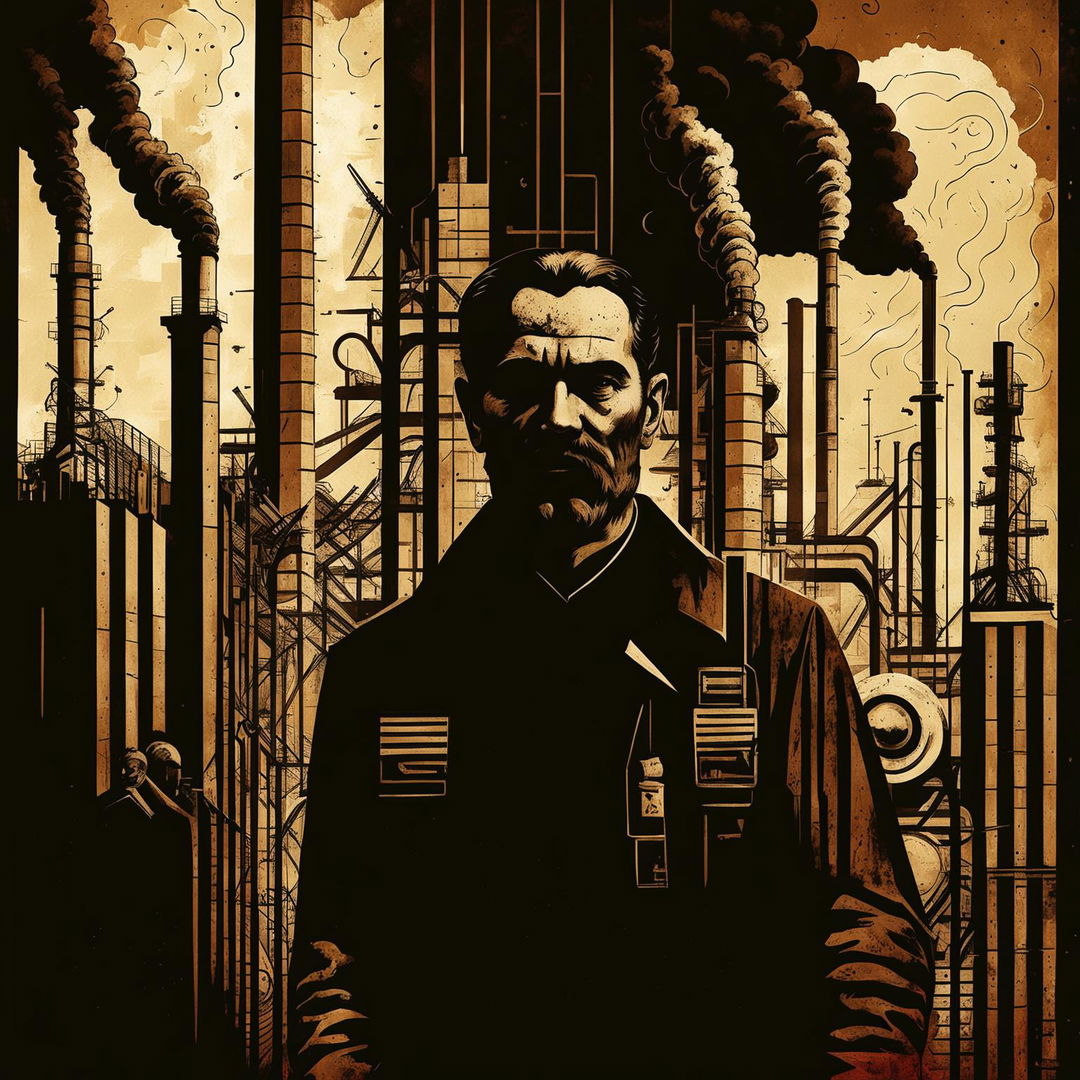 A dark vintage abstract illustration depicting Romanian communism, featuring symbolic elements like the hammer and sickle, industrial factories, and workers, set against a gritty and distressed background