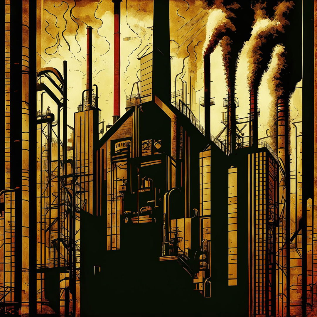 A dark vintage abstract illustration depicting Romanian communism, featuring symbolic elements like the hammer and sickle, industrial factories, and workers, set against a gritty and distressed background