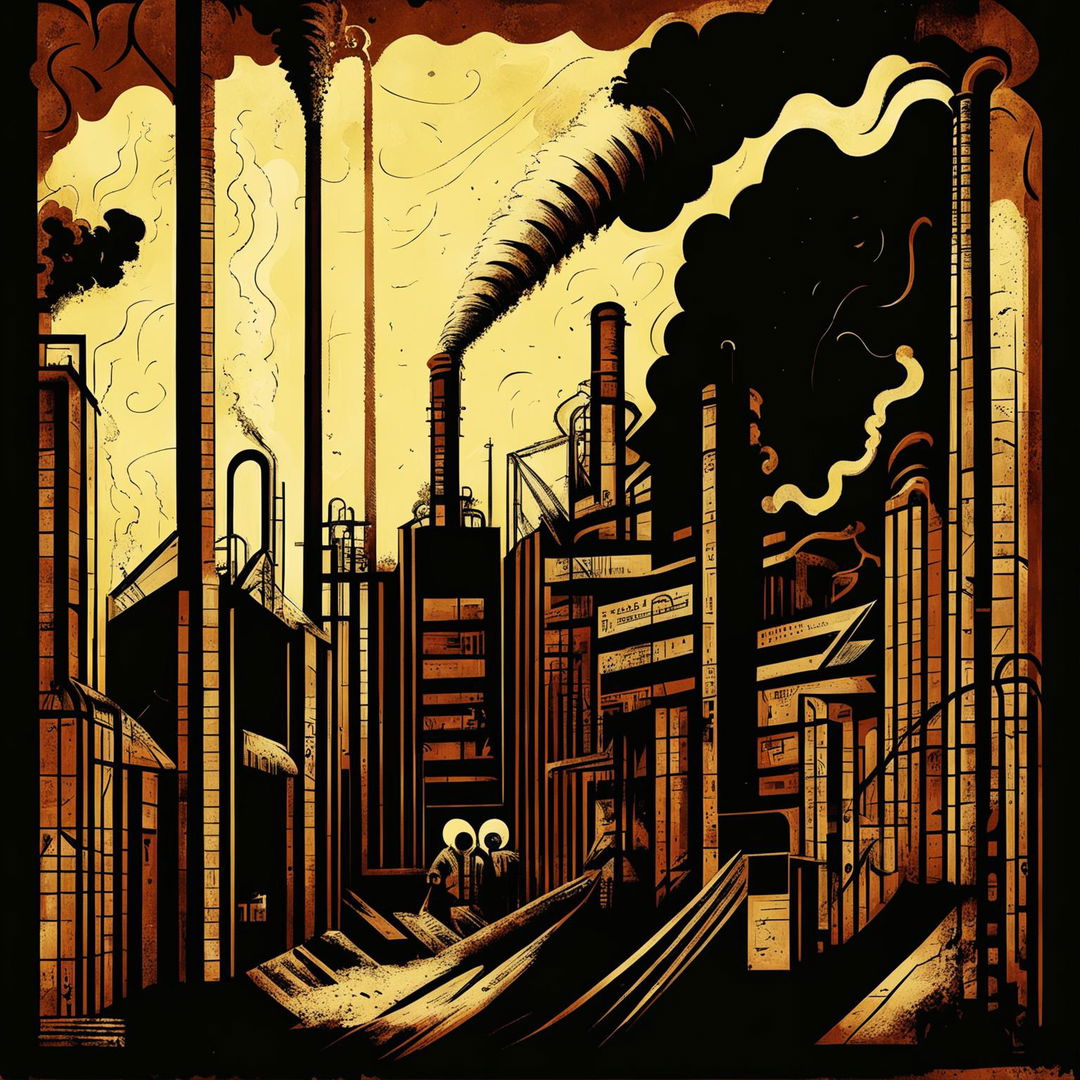 A dark vintage abstract illustration depicting Romanian communism, featuring symbolic elements like the hammer and sickle, industrial factories, and workers, set against a gritty and distressed background