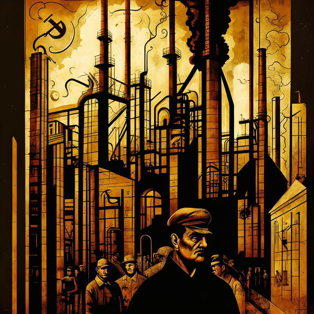 A dark vintage abstract illustration depicting Romanian communism, featuring symbolic elements like the hammer and sickle, industrial factories, and workers, set against a gritty and distressed background