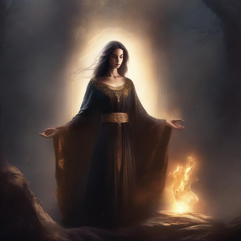 An illustration featuring a character in a spellcasting pose, set in a mystical atmosphere with a dark and moody color palette