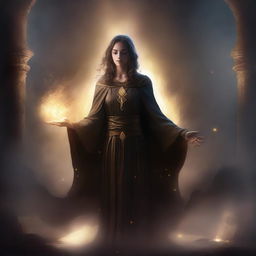 An illustration featuring a character in a spellcasting pose, set in a mystical atmosphere with a dark and moody color palette