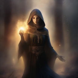 An illustration featuring a character in a spellcasting pose, set in a mystical atmosphere with a dark and moody color palette