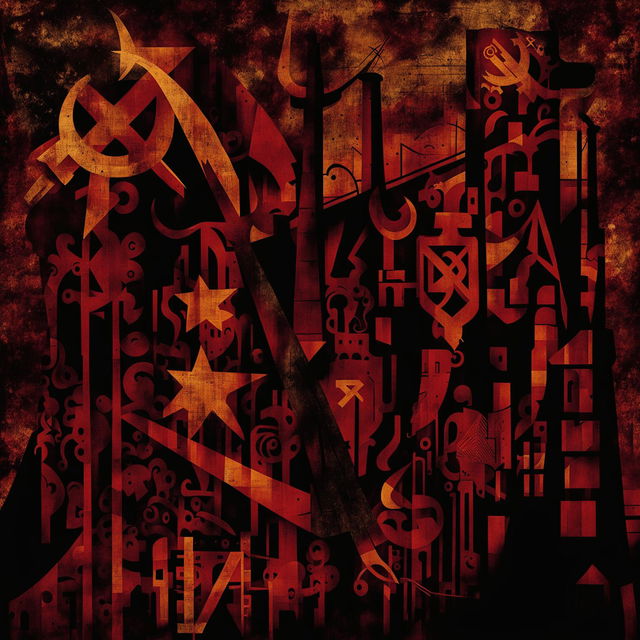 A dark vintage abstract illustration depicting Romanian communism with symbolic elements like the hammer and sickle, industrial landscapes, and historical figures, set against a textured, muted background