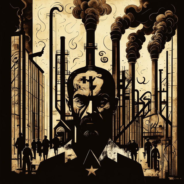 A dark vintage abstract illustration of Romanian communism, featuring symbolic elements like the hammer and sickle, industrial factories, and workers, set against a gritty and distressed background