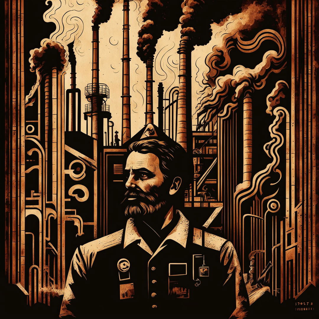 A dark vintage abstract illustration depicting Romanian communism, featuring symbolic elements like the hammer and sickle, industrial factories, and workers, set against a gritty and distressed background